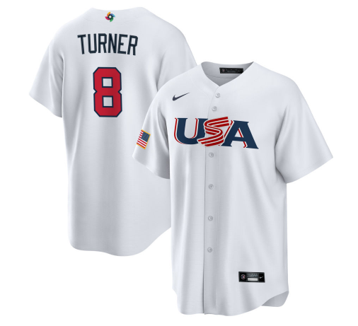 Men's USA Baseball #8 Trea Turner 2023 White World Baseball Classic Replica Stitched Jersey